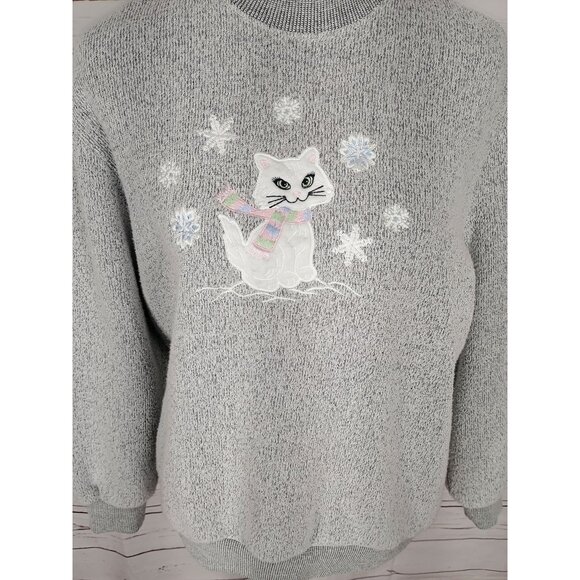 Vintage Bon Worth Gray Cat Embroidered Sweatshirt Women’s Size Medium‎ Petite - Picture 4 of 8